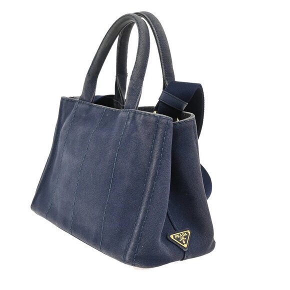 PRADA Logo Canapa 2Way Shoulder Hand Bag Canvas Leather Blue GHW 86KA843 - Picture 4 of 15